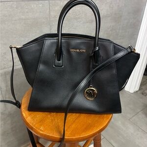 Michael Kors Black Leather Satchel with Gold MK Charm